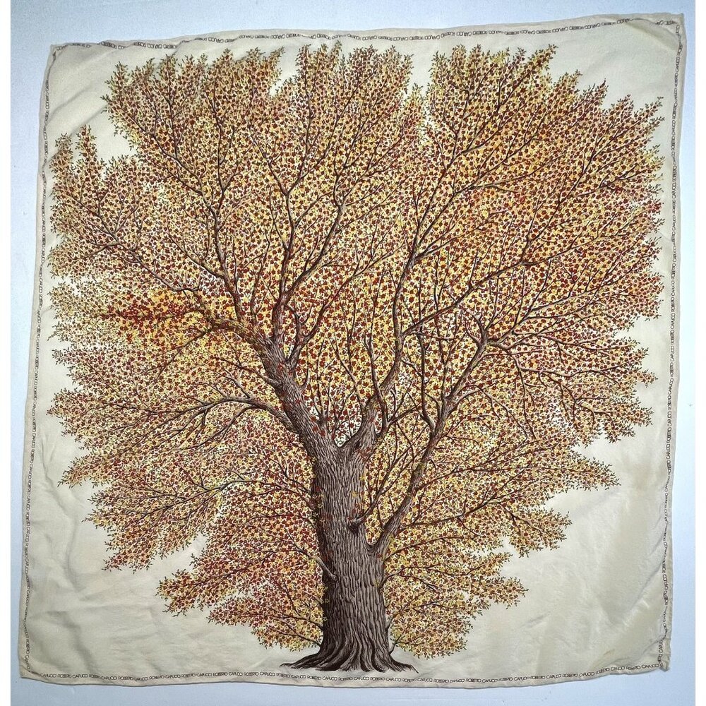 ROBERTO CAPUCCI 32" Square SILK Hand-Rolled Fall Leaves Tree SCARF Italy Signed